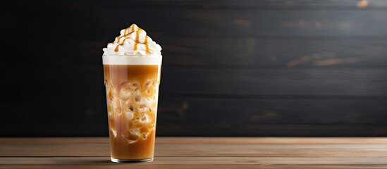 A refreshing and sweet iced caramel latte adorned with whipped cream caramel sauce and a delightful presentation with copy space image