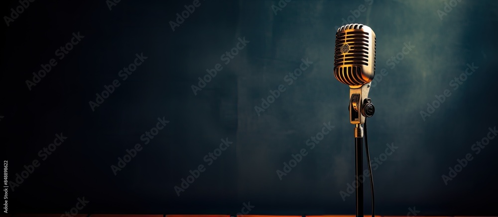 Poster microphone mounted on a stand symbolizing a concept of music recording with ample copy space image