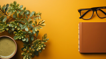 Business concept: Flat lay view of an empty notebook, laptop, coffee cup, succulent plant, and eyeglasses on a light desk.