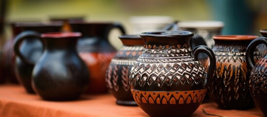 Handcrafted clay pottery items displayed at Ukrainian countryside fairs with traditional artisanal techniques Various pottery vessels showcased at a folk festival with a rustic vibe and copy space ima