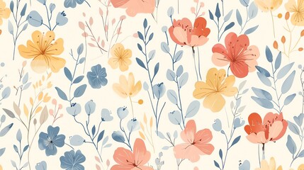 Charming hand-drawn floral pattern in soft pastel light pink, cream, and brown, seamless design