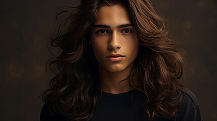 Happy cheerful young latino generation z. Smiling ethnic cool generation z teenage student, long hair, gold brown background.