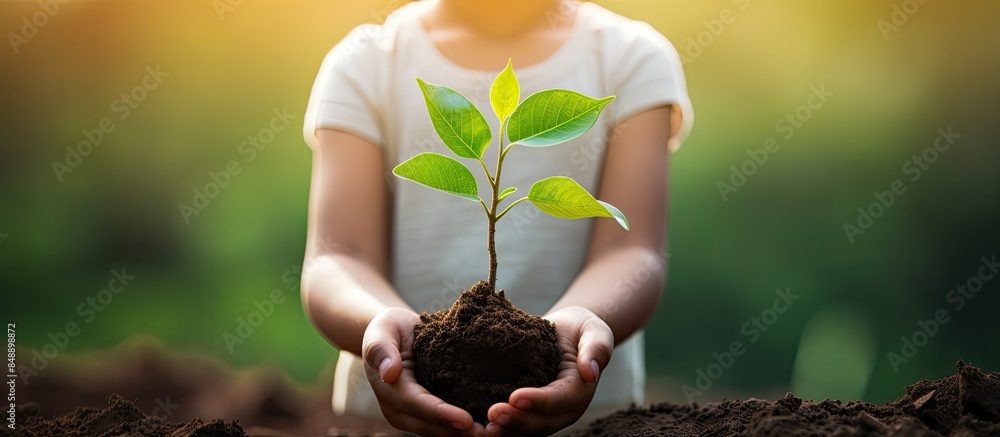 Poster child holding a seedling in hands with a background of vibrant spring greenery embodying the concept