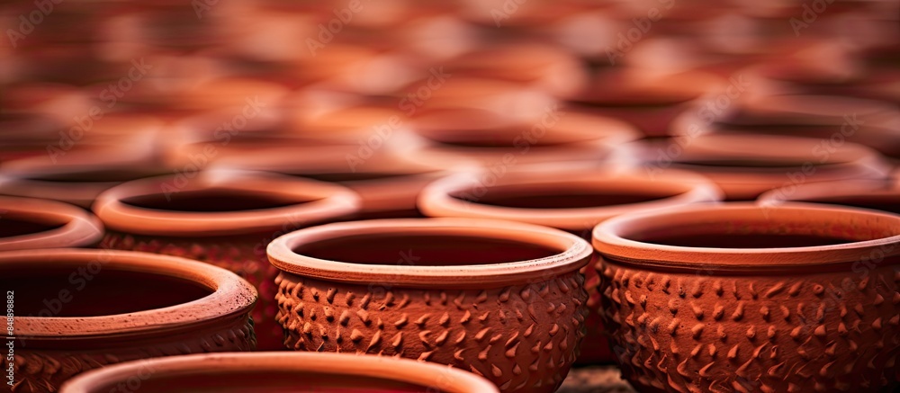 Poster focused on the porous texture of red handmade clay pottery in soft focus a full frame background pro