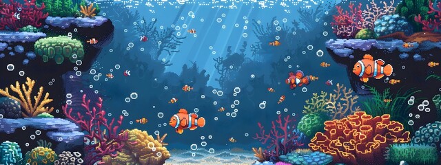 Vibrant Underwater Pixel Art Scene with Coral Reef and Aquatic Creatures
