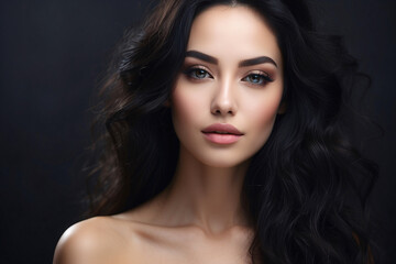 Fototapeta premium Portrait of an attractive young woman with elegant makeup and dark curly hair against a dark background