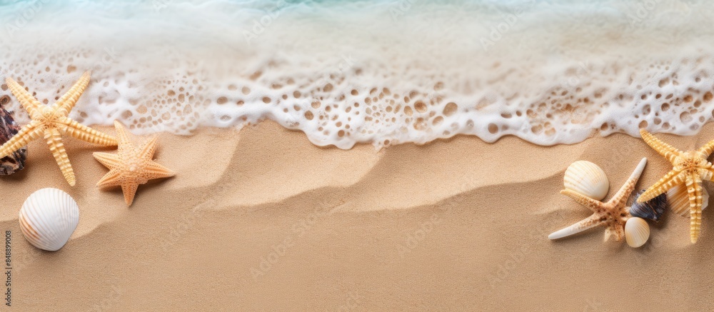 Poster sandy beach from above with seashells and starfish ideal for summer design with copy space image