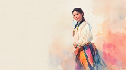 Fototapeta premium Watercolor Painting of Native American Girl on a Pastel Colored Background