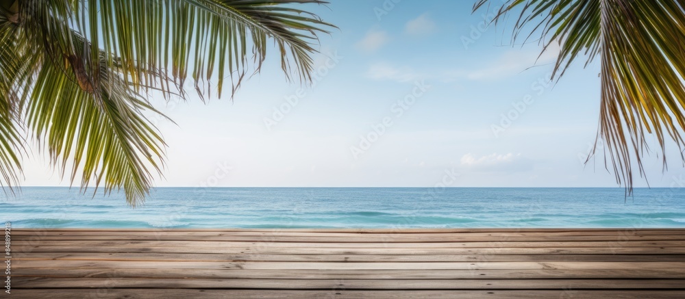 Poster wooden planks with ocean backdrop and palm leaves in the front creates a versatile copy space image 
