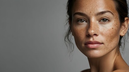 Close-up face of attractive young woman with melasma (hyperpigmentation often caused by hormonal changes) or freckles ( flat skin spots usually caused by genetics and exposure to the sun)