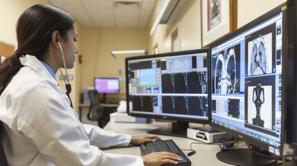 A dedicated medical professional attentively examines multiple high-resolution medical scans on a dual-monitor setup in a clinical environment.