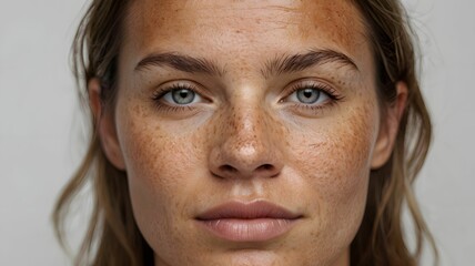 Fototapeta premium Close-up face of attractive young woman with melasma (hyperpigmentation often caused by hormonal changes) or freckles ( flat skin spots usually caused by genetics and exposure to the sun)