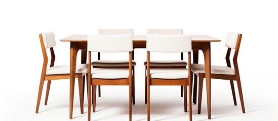Kitchen dining table and chair set with wooden and fabric design on a white background for a modern look ideal for copy space image