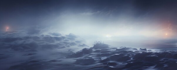 a dark sky looms over a snowy landscape, with a distant mountain range visible in the distance