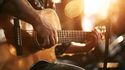 Fototapeta premium A close-up shot of a person playing an acoustic guitar, bathed in warm, sunlit hues and creating a magical ambiance.