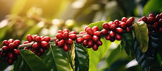 A close up view of fresh organic red coffee cherries and raw coffee beans growing on a coffee tree...