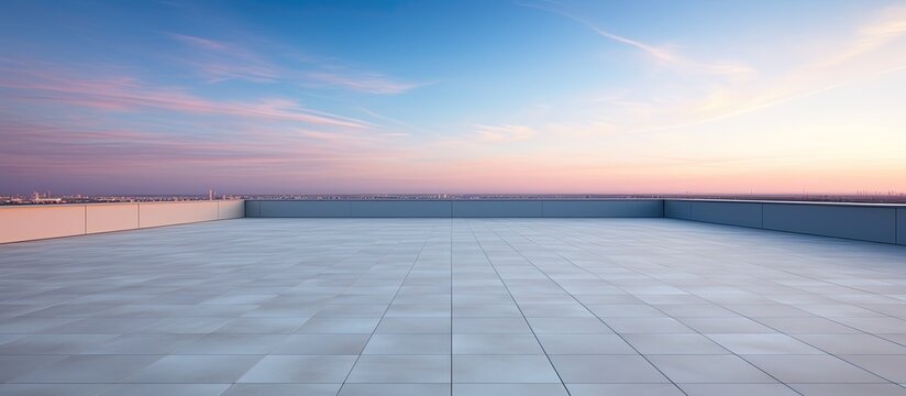 Modern building rooftop on an empty floor set against a picturesque evening sky offers a stunning copy space image