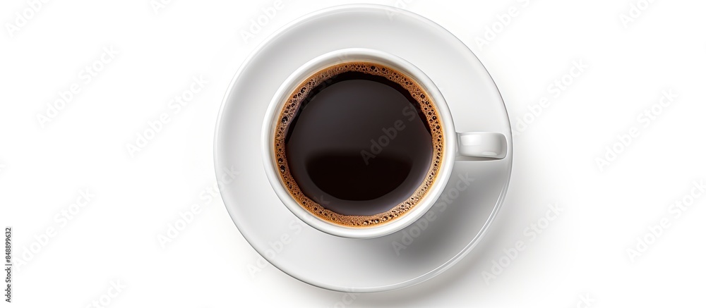 Poster top view of black coffee in a white cup on a plate isolated on a white background with clipping path
