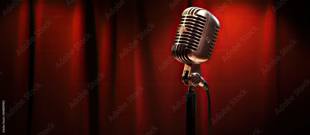 Poster microphone positioned on a stand under stage lights ideal for performances presentations or speeches