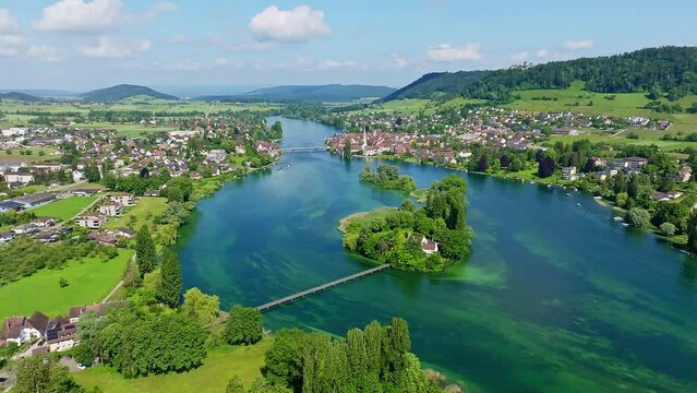Luftbild von der Inselgruppe Werd im westlichsten Teil vom Bodensee, Rheinsee, zwischen Eschenz und Stein am Rhein