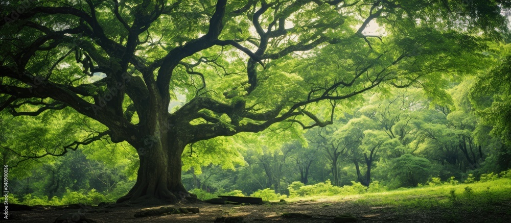 Poster image of a camphor tree in a forest highlighting its role in ecology with space for including text. 