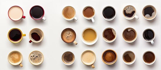 Isolated set of coffee cups from a top view perspective with a clear background for a copy space image