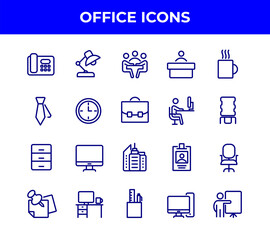 Simple Set of Office Related Vector Line Icons. Contains such Icons as Business Meeting, Workplace, Office Building, Reception Desk and more. DN13