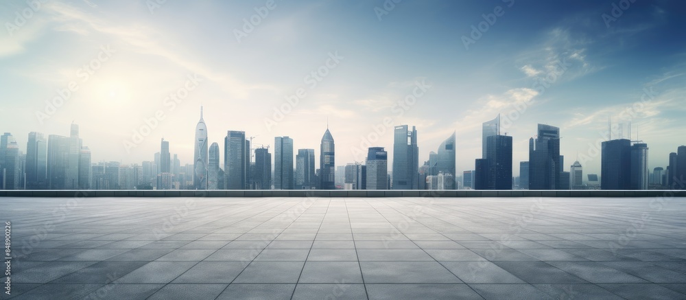 Poster modern business office buildings with a panoramic skyline backdrop on an empty road and concrete squ