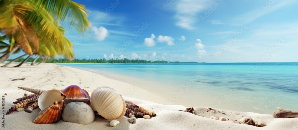 Poster scenic tropical beach with shells a palm tree and a colorful background ideal for a copy space image