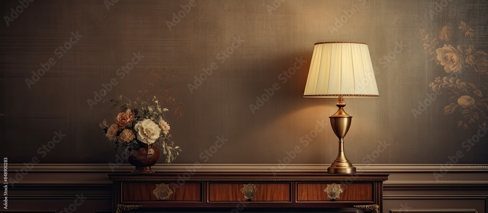 Poster wall interior with a classic design complemented by a modern gold framed lamp creating an elegant co