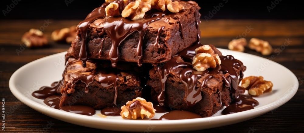 Aufkleber stack of chocolate walnut brownies with a gooey melted chocolate topping on a plate with copy space 