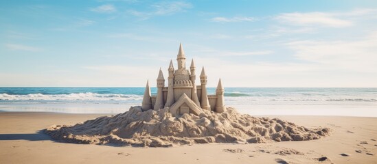Beach sculpture of sand castle with a vast copy space image