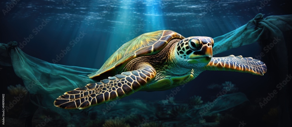 Aufkleber an image showing a green sea turtle caught in a fishing net with available space for adding text or 