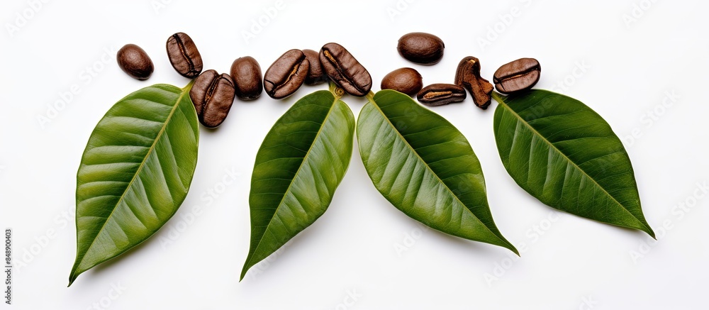 Poster a close up image shows two roasted coffee beans with fresh coffee leaves against a white background 