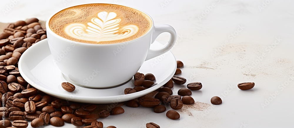 Poster an image featuring a cup of latte coffee with coffee beans on a white background suitable for adding