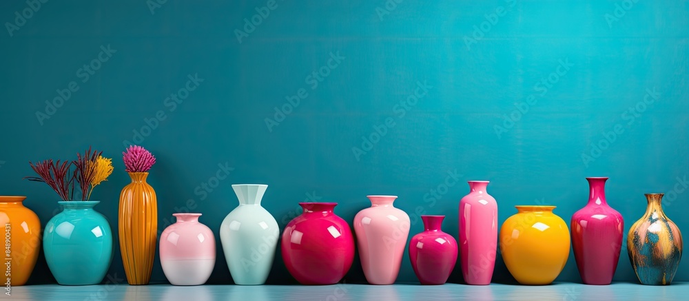 Poster elegant empty ceramic vases on a colorful backdrop with a copy space image