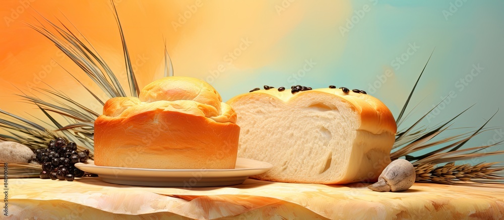 Poster artistic collage featuring a banquet bread painted with a brush on a soft pastel colored background 