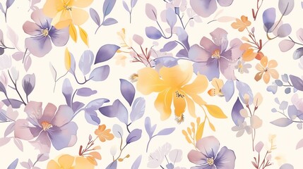 Obraz premium Elegant hand-drawn flora in soft pastel purple, yellow, blue, and orange, seamless pattern design