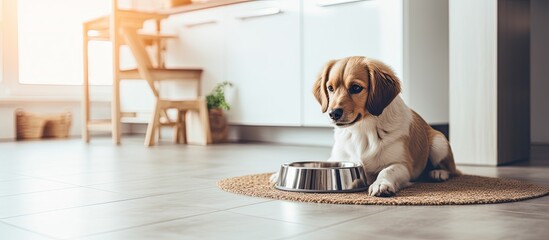 Fototapeta na wymiar Female owner putting a food bowl for her pet dog on the kitchen floor spending quality time with her furry friend at home in an image with copy space
