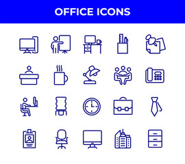 Simple Set of Office Related Vector Line Icons. Contains such Icons as Business Meeting, Workplace, Office Building, Reception Desk and more. DN9