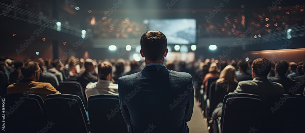 Poster entrepreneurship club meeting at a business conference with a speaker delivering public presentation