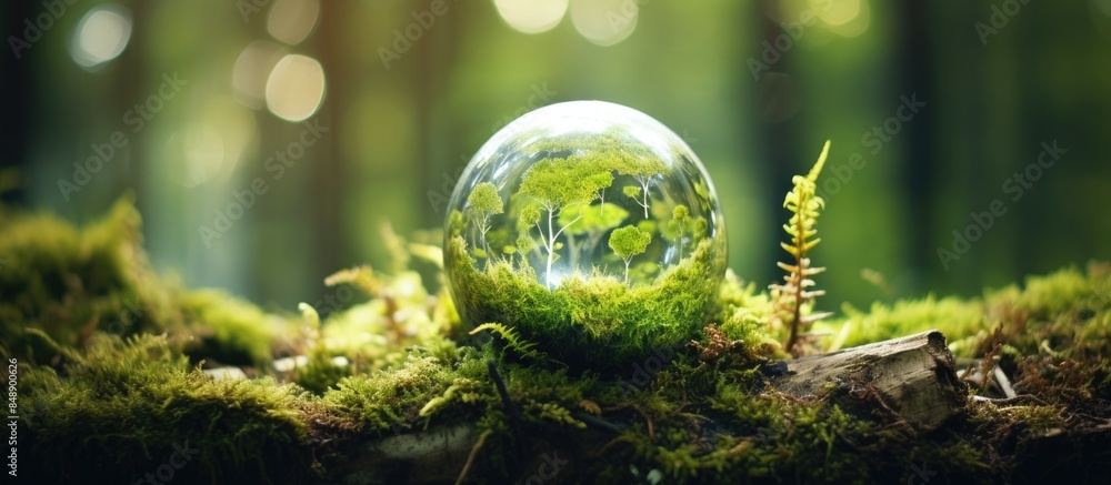 Poster a serene green globe nestled in a mossy forest enveloped in soft sunlight and with ample blank space