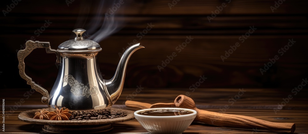 Poster a top down view of a steaming cup of coffee on a wooden table in the morning light by a window creat