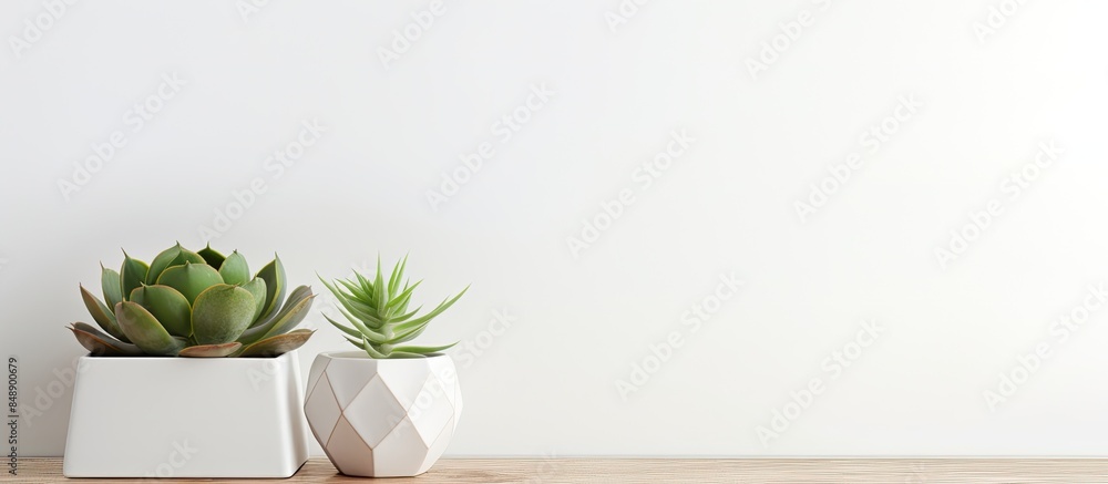 Poster minimalist composition featuring green succulents and a bonsai on a wooden stand on a white desk aga