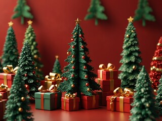 Banner with many gift boxes tied velvet ribbons and paper decorations on turquoise background. Christmas background.