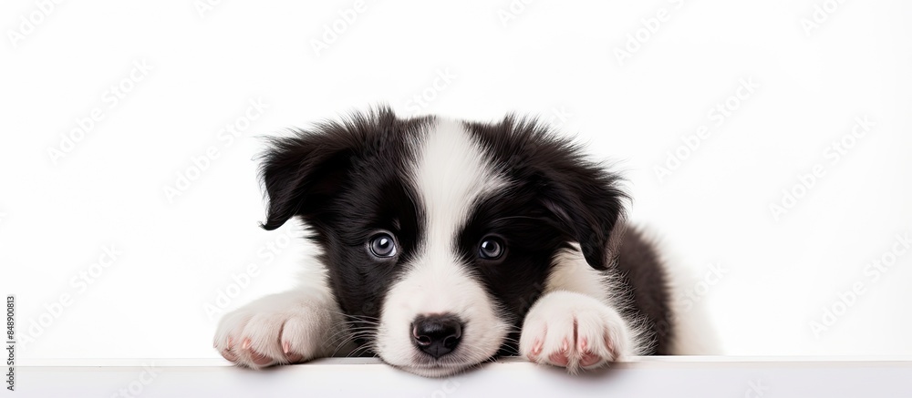 Poster A Border Collie puppy resting against a white backdrop with ample copy space image available