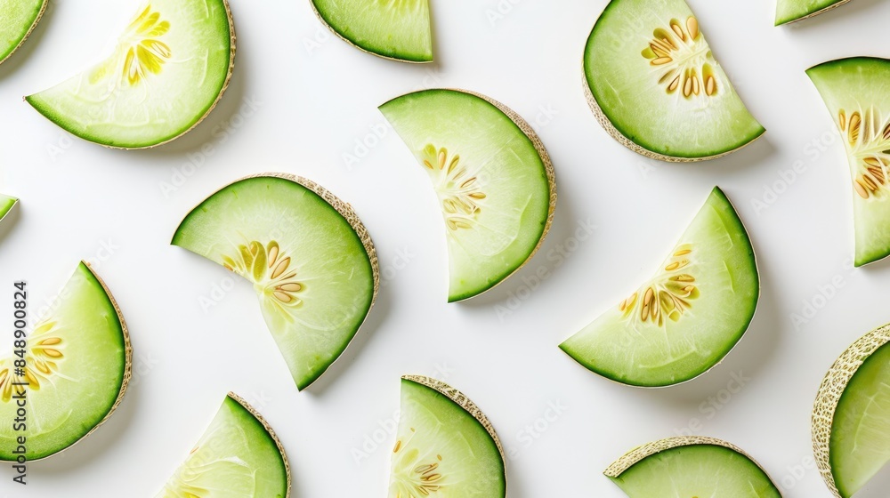 Wall mural green cantaloupe slices on white background