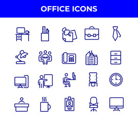 Simple Set of Office Related Vector Line Icons. Contains such Icons as Business Meeting, Workplace, Office Building, Reception Desk and more. DN3