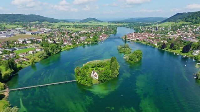 Luftbild von der Inselgruppe Werd im westlichsten Teil vom Bodensee, Rheinsee, zwischen Eschenz und Stein am Rhein