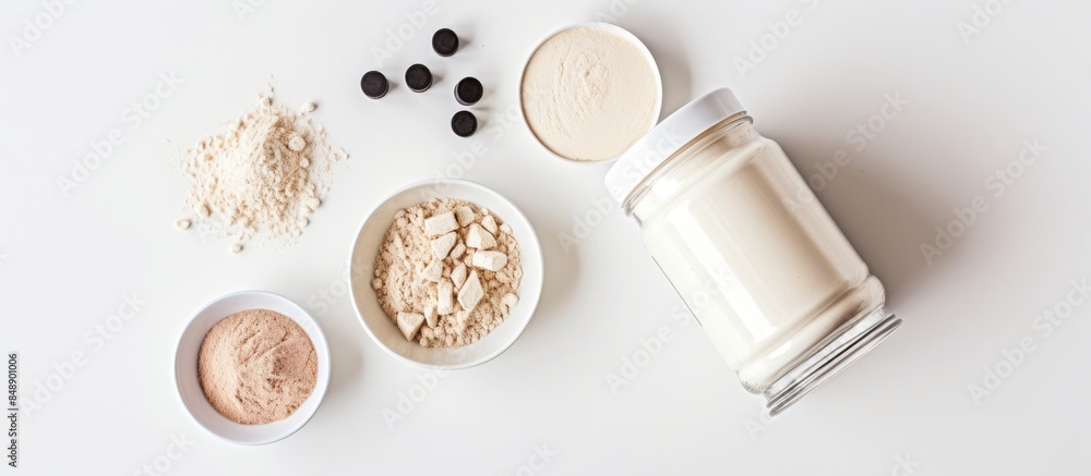 Poster sport nutrition displayed with whey protein a shaker and dumbbells on a white background in a top do